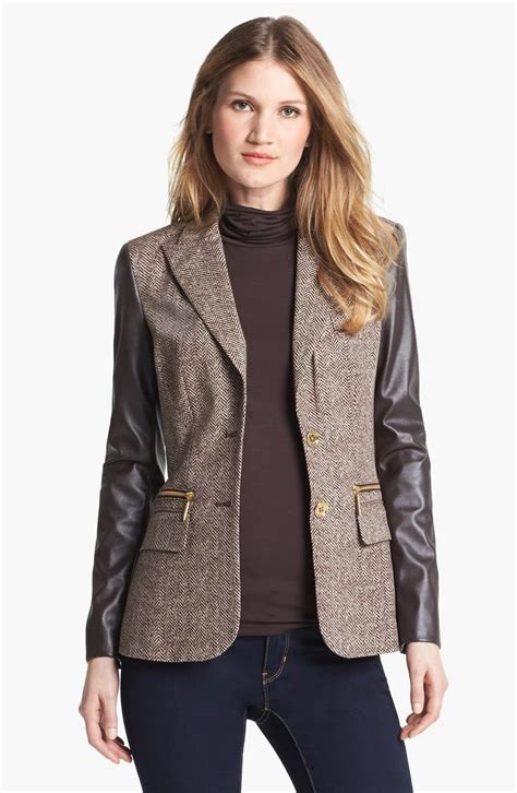 michael michael kors women's black faux leather sleeve tweed blazer